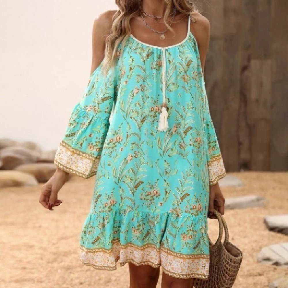 Floral Cold Shoulder  Ruffle Hem Dress - Picture 4 of 8